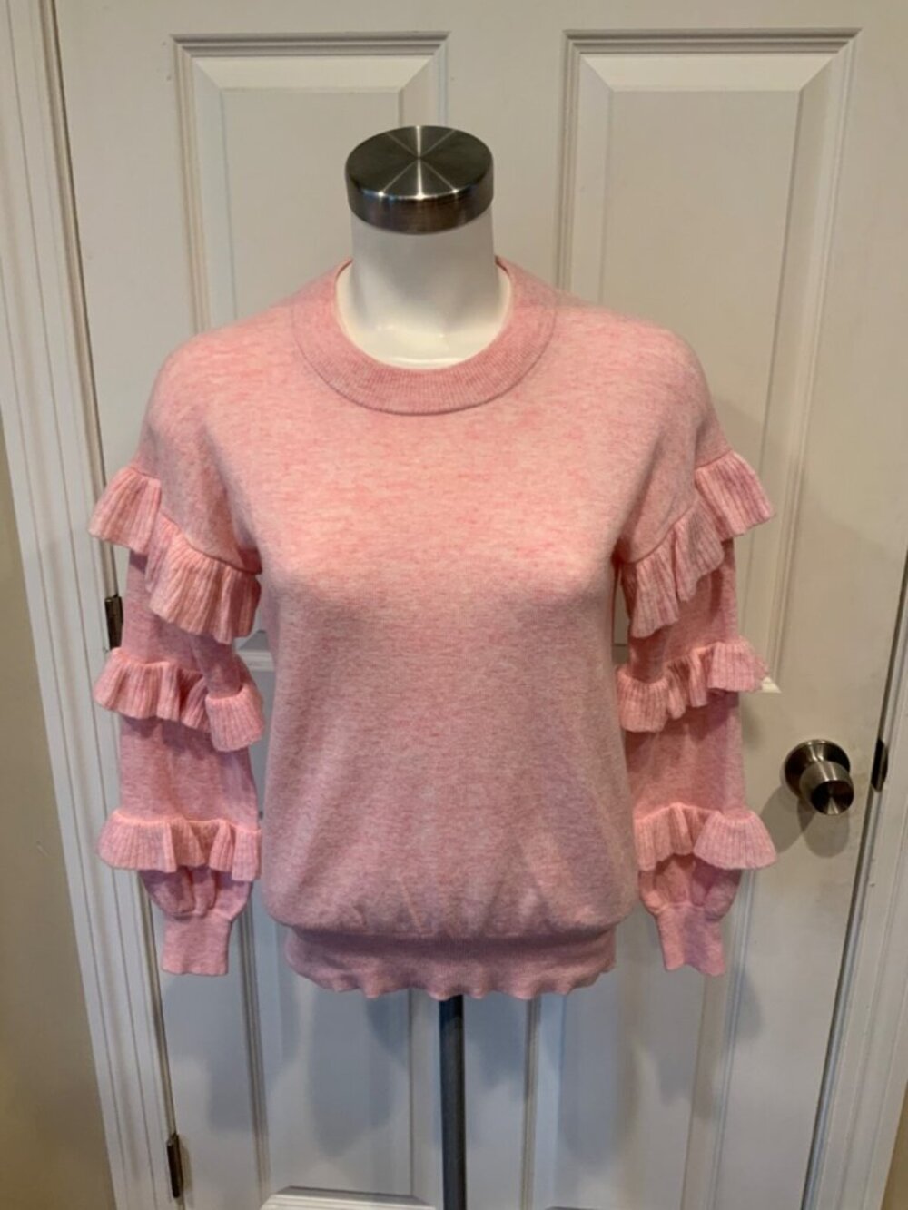 J. Crew Pink Wool Ruffle Sleeve Crew Neck Sweater, Size XXS